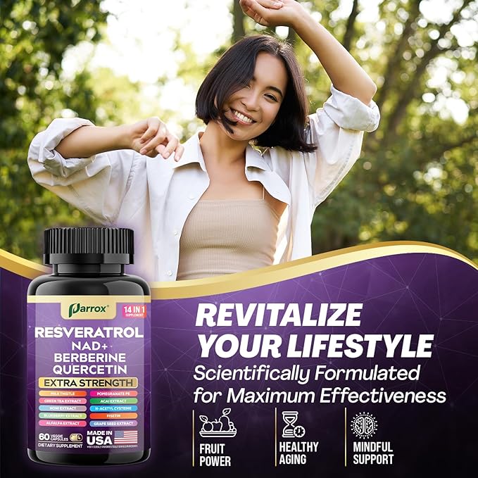 Resveratrol Supplement with Milk Thistle NAD Berberine Quercetin Fisetin Pomegranate Green Tea Noni Acai Blueberry Grape Seed Extracts N-Acetyl Cysteine 14-in-1 Extra Strength (180 Caps)