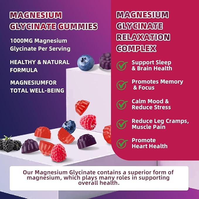 120 CT Magnesium Glycinate Gummies 1000 mg for Women and Men Magnesium Malate &amp Taurate Supplements for Sleep Body Support and Relaxation Sugar Free Vegan Raspberry BlackBerry Blueberry Flavo