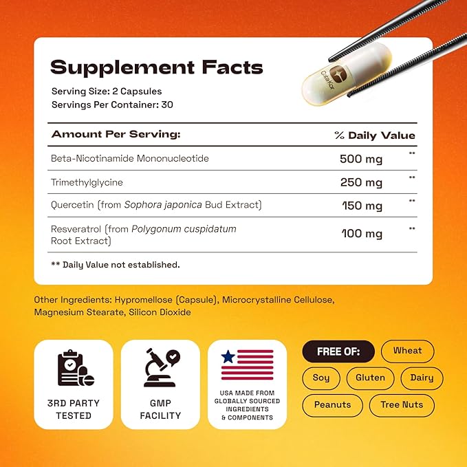 NMN Supplement – 4-in-1 NAD Supplement with Quercetin | TMG | Resveratrol – NMNH Alternative – Supports Cellular Energy &amp NAD+ Level – 60 Capsules – Third-Party Tested (1 Pack)