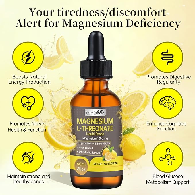 High Absorption Magnesium L-Threonate 1300mg Liquid Drops with L-Theanine&ampGABASupports Brain FunctionDeep Sleep Quality&ampStress ReliefNatural Lemon FlavorFast Acting GMP CertifiedAdults &a