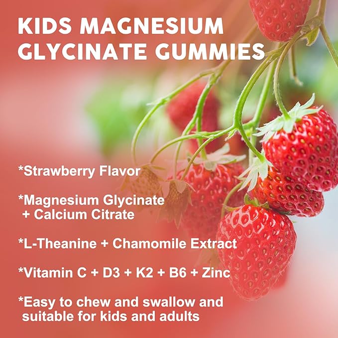 Magnesium Glycinate Gummies for Kids &amp Adults - Relaxation &amp Cognition Support - 400/200mg Magnesium Supplement with L-Theanine B6 D3 &amp K2 - Vegan Sugar Free Strawberry Flavor 60 Ct (