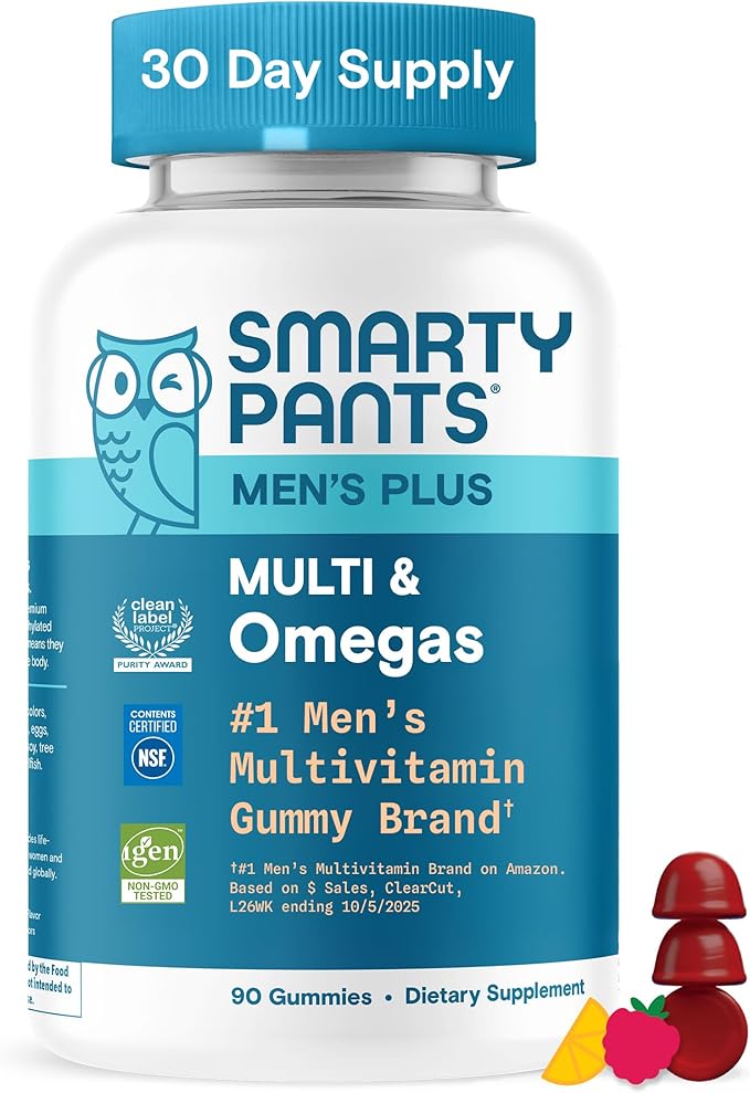 SmartyPants Men's Multivitamin Gummies Omega 3 (DHA/EPA) Methylfolate Vitamin D3 C Vitamin B12 B6 Vitamin A K Zinc &amp Selenium Gluten Free 90 Count (30 Day Supply)