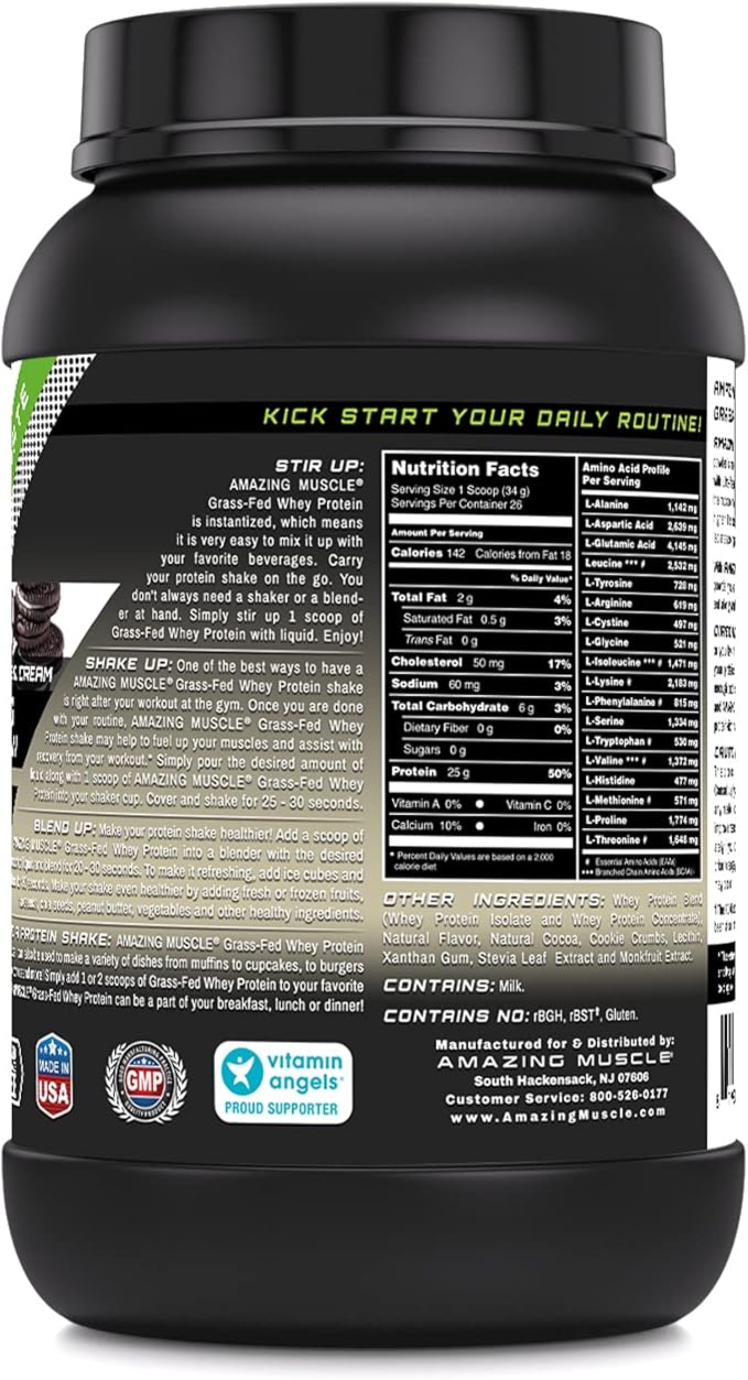 Amazing Muscle Grass-Fed Whey Protein Supplement | 25 G per Serving | Cookies &amp Cream Flavor | 2 Lb (0.90 Kg) | Non-GMO | Gluten-Free | Made in USA