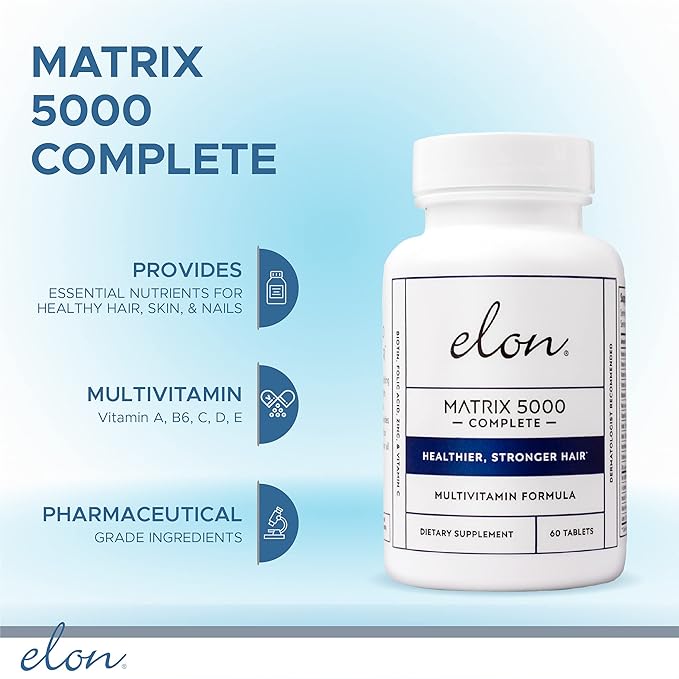 Elon Matrix 5000 Complete Multivitamin — Skin Hair and Nail Growth Vitamins — Healthy Hair Growth Vitamins for Women &amp Men — 5000Mcg Biotin Supplement (60 Day Supply)