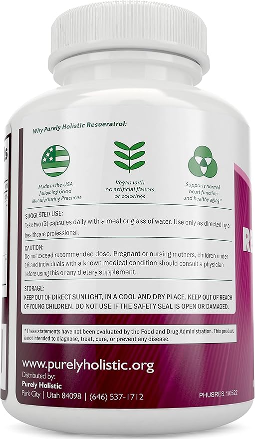 Purely Holistic Resveratrol 1450mg + Organic Ashwagandha 1300mg &amp Black Pepper - Vegan Bundle - 180 + 180 Capsules - Packed with Potent Antioxidants - Made in USA