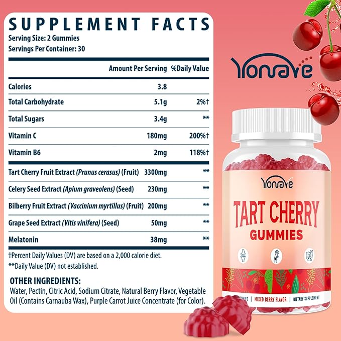 3300mg Tart Cherry Gummies for Uric Acid Cleanse Sleep Gout Joint &amp Kidney Support – Tart Cherry Extract with Celery Seed Melatonin Vitamin C – Detox &amp Antioxidant – Mixed Berry Flavor 6