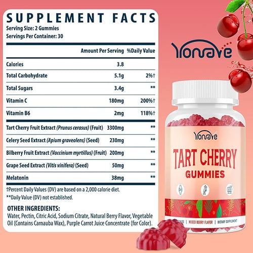 3300mg Tart Cherry Gummies for Uric Acid Cleanse Sleep Gout Joint &amp Kidney Support – Tart Cherry Extract with Celery Seed Melatonin Vitamin C – Detox &amp Antioxidant – Mixed Berry Flavor 1