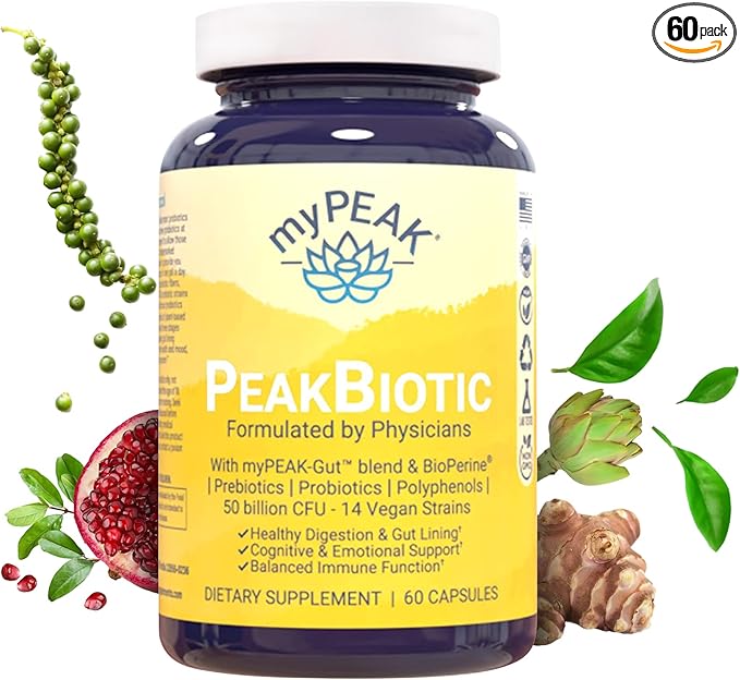 myPEAK PeakBiotic: The Ultimate Vegan Synbiotic with 50 Billion CFU Probiotics Prebiotics Postbiotics Modbiotics and Gut Lining to Enhance Digestion Skin and Mood with 2-Month Supply 60 Capsules