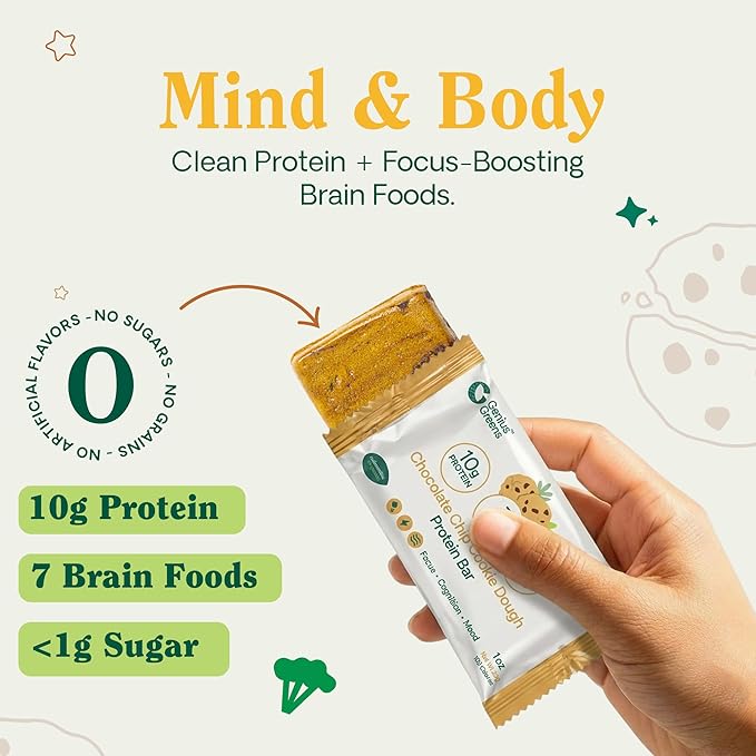 GENIUS GREENS High Protein Bars Low Sugar - Less than 1g of Sugar Protein Bars Low Carb Gluten Free - 36% Protein (10g) - 7 Brain Foods - Support Brain Health - Memory - Focus - Contains Lions Mane
