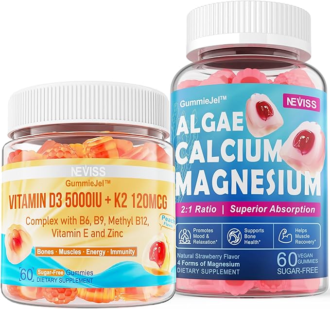 NEVISS Vitamin D3 5000IU + K2 (MK-7) 120mcg + Calcium Supplement 600mg Algae Calcium Magnesium 2:1