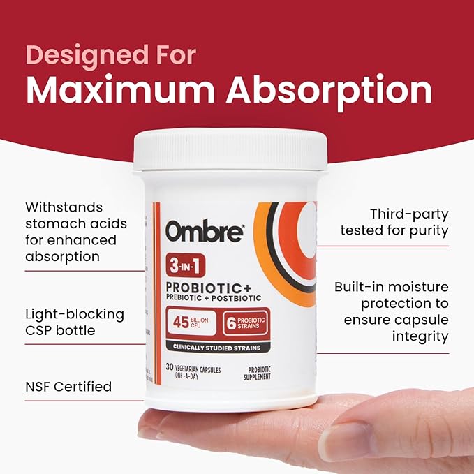 Ombre 3-in-1 Probiotic Prebiotic and Postbiotic for Digestive Health &amp Gut Health - 45 Billion CFU - Bloating Constipation &amp Gas Relief - Metabolic &amp Immune Support for Women &amp Men