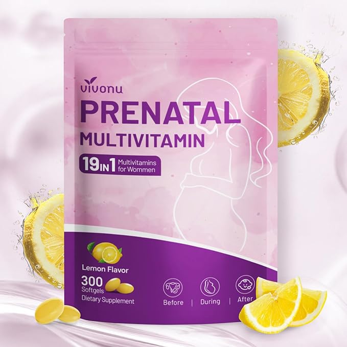VivoNu 19 in 1 Prenatal Multivitamin Vitamin D3 K2 B6 B12 C with Folic Acid Choline Probiotic Iron Calcium Zinc &amp Magnesium Lemon Flavor+Vitamin D3 K2 10000 IU Softgels