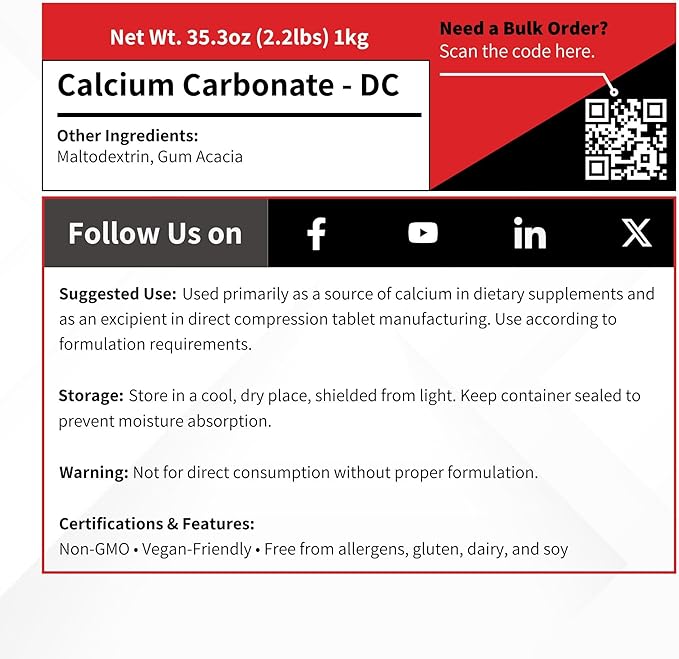 Calcium Carbonate DC Granular with Maltodextrin &amp Gum Arabic - 1000 Grams - Direct Compression USP Pharmaceutical Grade Capsule Excipient - 1 kg (2.2 lb)