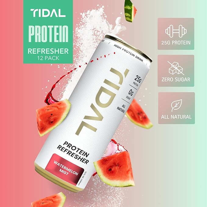 Tidal Protein Refresher | 12 fl oz | 12 Pack | 25g Clean Grass-Fed Whey | Sugar Free | Made with Natural Flavors | Drink with Essential BCAAs