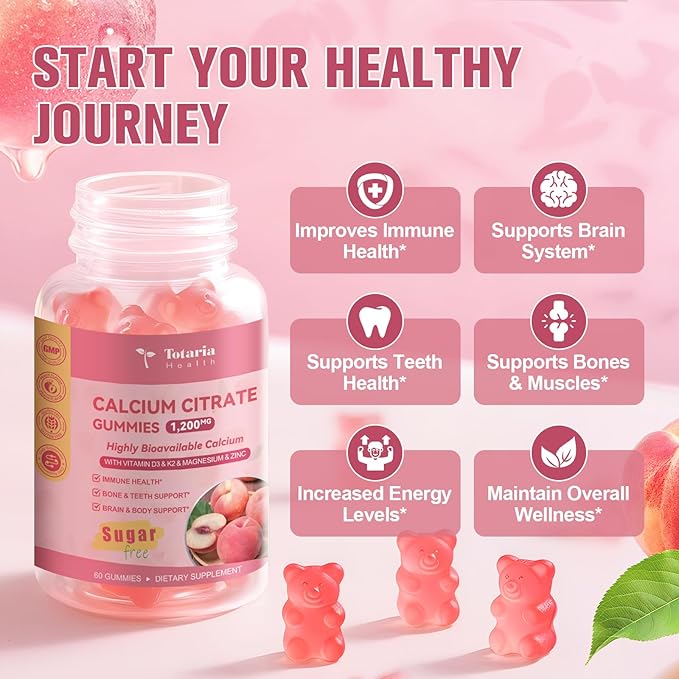 2 Pack Calcium Citrate Gummies 1200 mg - Calcium Supplements for Women with Vitamin D3 &amp K2MagnesiumZinc - Sugar Free Calcium Gummies for Bone &amp Teeth &amp Immune Support- Peach Flavor