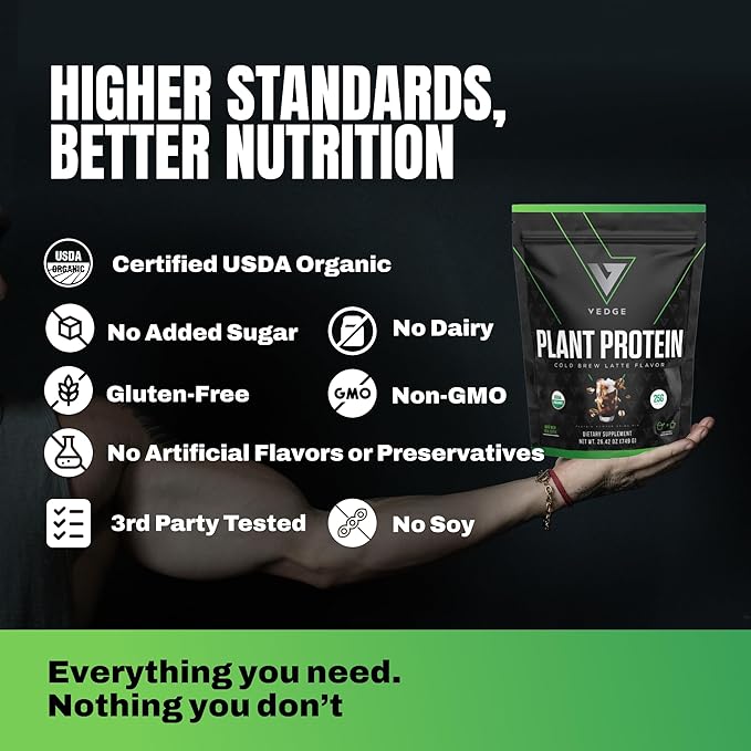 VEDGE Vegan Protein Powder - Plant Protein Powder with Pea Pumpkin &amp Sunflower - USDA Organic Amino Acids Dairy Free Gluten Free Soy Free Keto Non GMO - Cold Brew Latte - 20 Servings