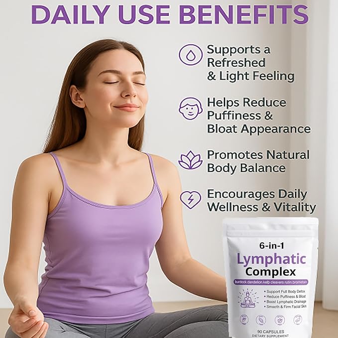 6 in 1 Lymphatic Complex Capsules – Lymphatic drainage with Burdock Dandelion Kelp Cleavers for Reduce Bloat Balance Cortisol Full Body Detox &amp Skin Vitality | Vegan · Non-GMO 90 Capsules (1)