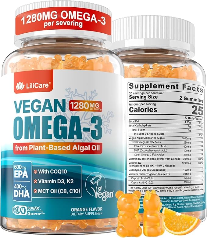 Vegan Omega-3 Gummies 1280mg + CoQ10 + Vitamin D3 K2 (MK7) Omega 3 Fish Oil Alternative for Adults w/EPA 600mg DHA 400mg &amp MCT Oil No Fish Taste from Marine Algae for Brain Eye Immunity 1 Pa