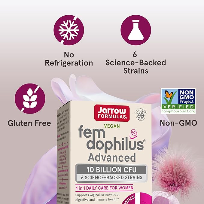 Jarrow Formulas Fem-Dophilus Advanced Vaginal &amp Digestive Probiotics 10 Billion CFU with 6 Science Backed Strains for Vaginal Urinary Tract Digestive &amp Immune Support 30 Capsules Shelf-St