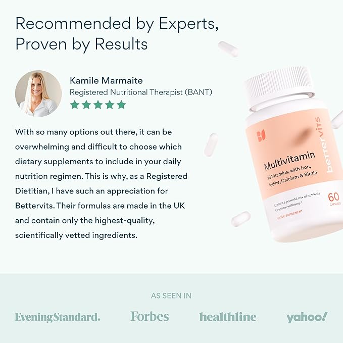 Bettervits Multivitamin for Women &amp Men | Womens Daily Multivitamin with 13 Essential Vitamins Iron Iodine Calcium and Biotin | Vitamins A K2 D3 C B1 B2 B3 B5 B6 B7 B9 B12 | 60 Capsul