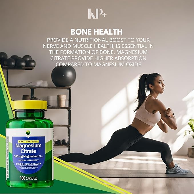KP+ Magnesium | Magnesium Citrate 100 mg | Bone &amp Muscle Health Support | Rapid-Release Capsules | 100 Count | Dietary Supplement | Pack of 1