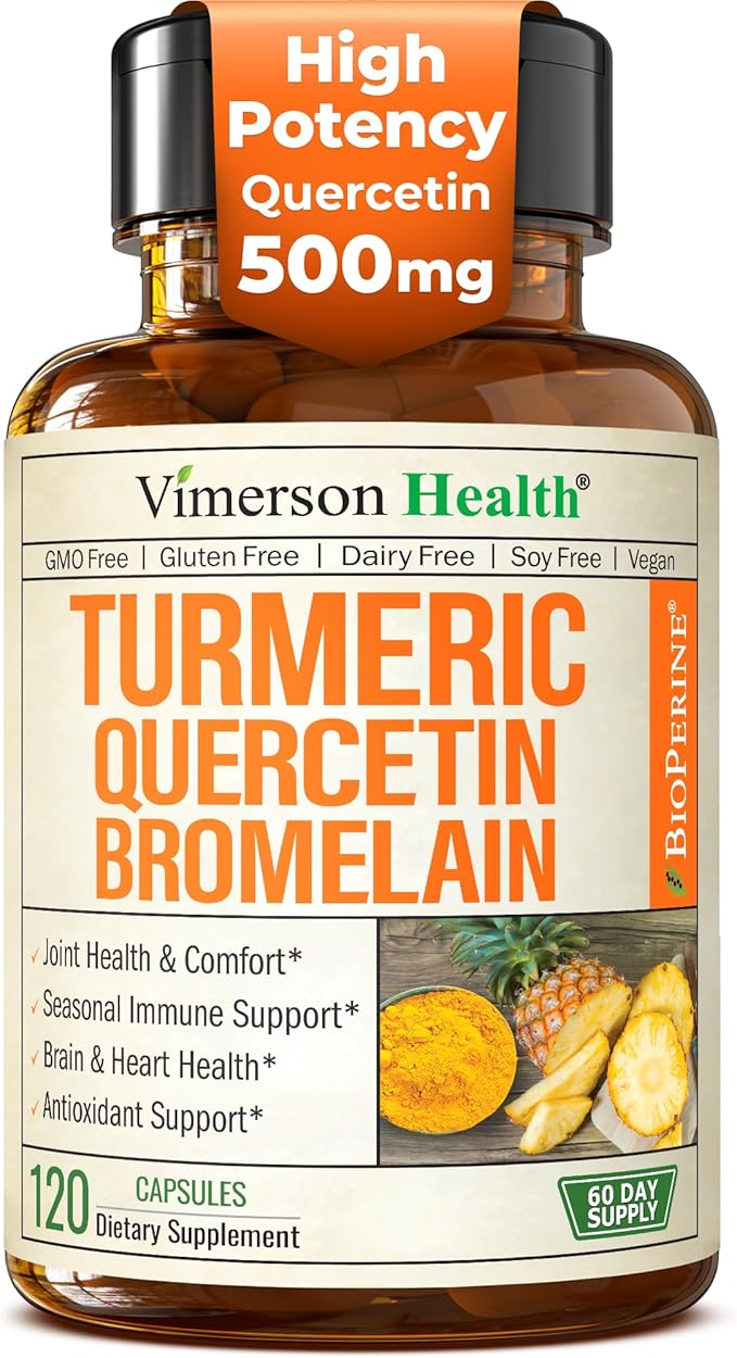 Quercetin with Bromelain Turmeric Curcumin Supplement – Allergy Relief Immune &amp Joint Support – Organic Turmeric Supplement w/Bioperine for Enhanced Absorption 120 Quercetin 500mg Capsules