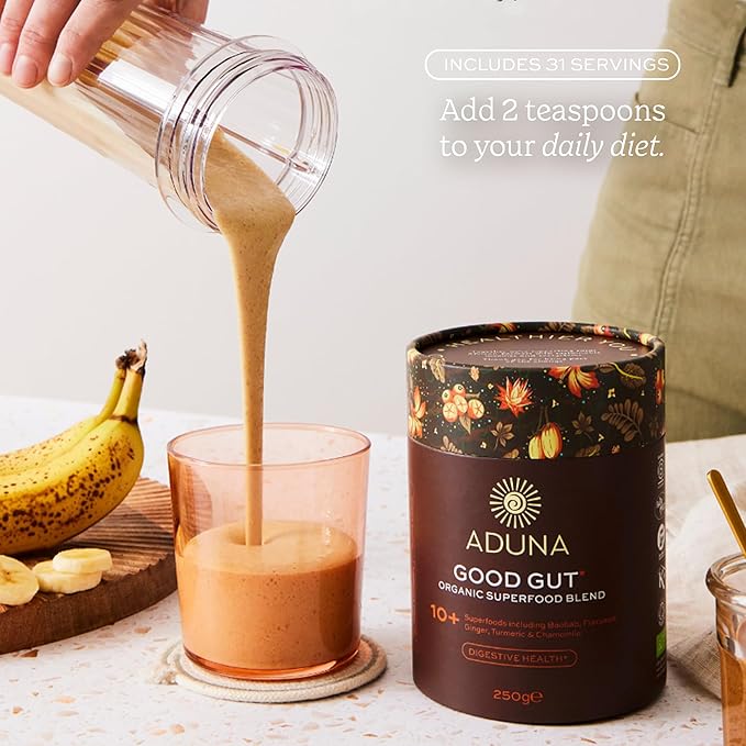 Aduna Organic Good Gut Superfood Blend | 100% Natural Stir-in Blend With 10+ Superfoods for Digestion Gut Health &amp Prebiotic Fiber | Vegan Powder for Smoothies Oatmeal &amp Yogurt | 250g