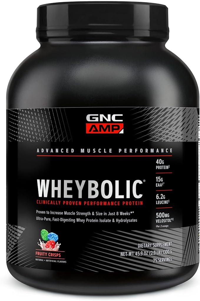 GNC AMP Wheybolic Clinically Proven Protein Powder 40g Whey Protein BCAA Leucine Increases Muscle Strength Muscle Building 3rd Party Tested Gluten Free Fruity Crisps 25 Servings