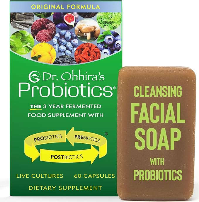 Dr. Ohhira's Probiotics Original Formula 60 Capsules with Bonus Beauty Bar Soap Travel Size 20g - No Refrigeration Supplement for Women and Men 13 Probiotic Strains