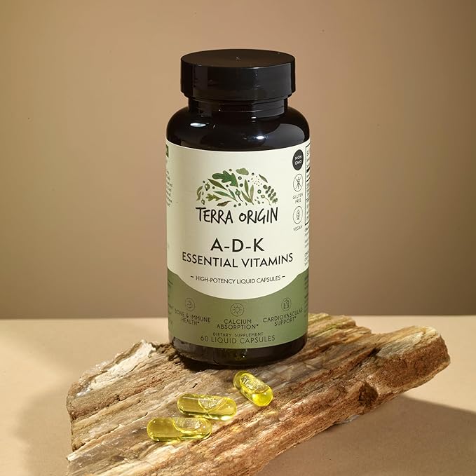 TERRA ORIGIN ADK Essential Vitamin Supplement | 60 Liquid Capsules | High Potency Vitamin A D 5000 IU K1 and K2 | Non GMO Gluten Free Vegan Made in USA