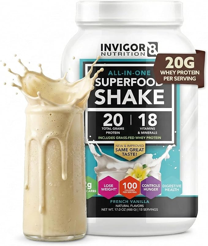 INVIGOR8 Superfood Grass Fed Whey Protein Isolate Shake French Vanilla Gluten-Free and Non GMO Meal Replacement with Probiotics and Omega 3 (483g)