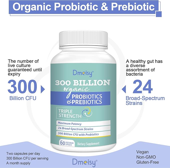 Probiotics for Women and Men 300 Billion CFU 24 Strains Probiotics + 15 Organic Herbs Prebiotics Blend Shelf Stable Gut Health Supplement for Digestive Immune &amp Whole-Body Health 6 Month Supply