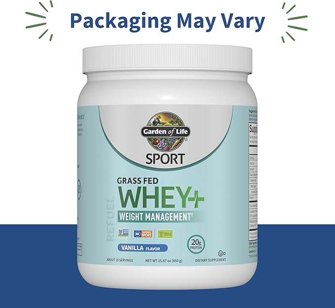 Garden of Life SPORT Whey Plus Weight Management with Amino Energy - 20g of Grass Fed Protein Isolate for Women and Men - Vanilla Powder - With Capsimax 2 Billion CFU Probiotics About 15 Servings
