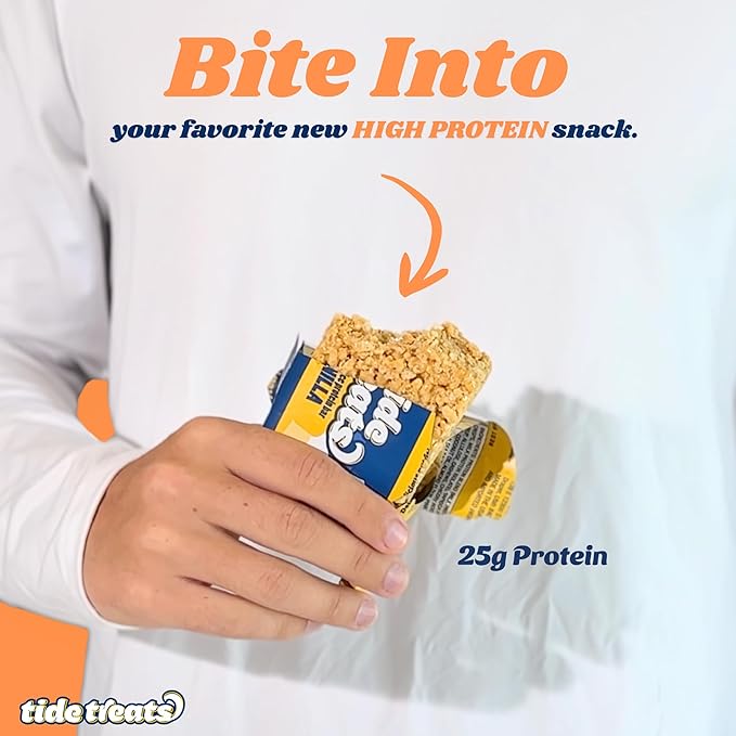 Crispy Rice Protein Treat Peanut Butter Bar | 25 g Protein No Added Sugar 7 g Fiber Gluten Free | High Protein Snack for On-the-Go Post-Workout or Dessert Cravings | 8 Count | TideTreats