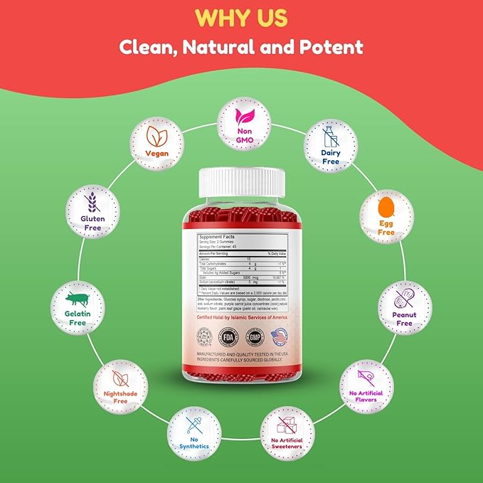 SHIFAA NUTRITION Vegan Biotin Gummies for Adult &amp Kids | 90 Gummies | 5000 mcg 45 Servings | Non-GMO | Gluten Gelatin Peanuts Egg &amp Dairy Free | Biotin Gummy Vitamins for Hair Skin &amp N