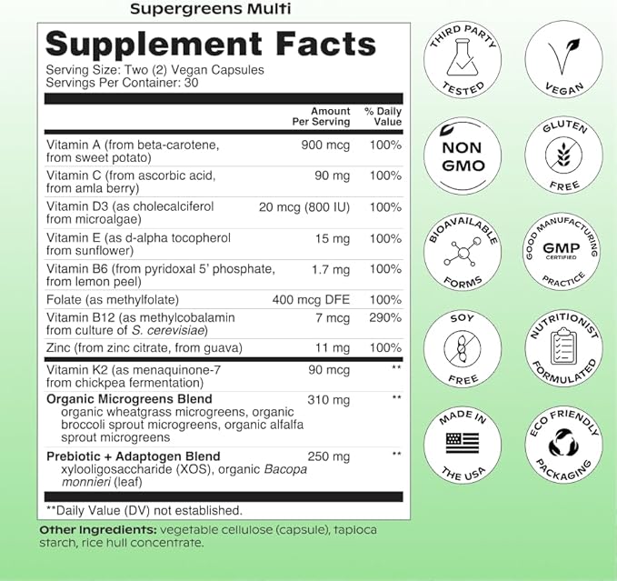 wholier Supergreens Multi Daily Greens Vegan Multivitamin for Women + Men Whole Food Vitamins + Minerals Prebiotics for Gut Health Adaptogens (60 Vegan Capsules) Glass Bottle