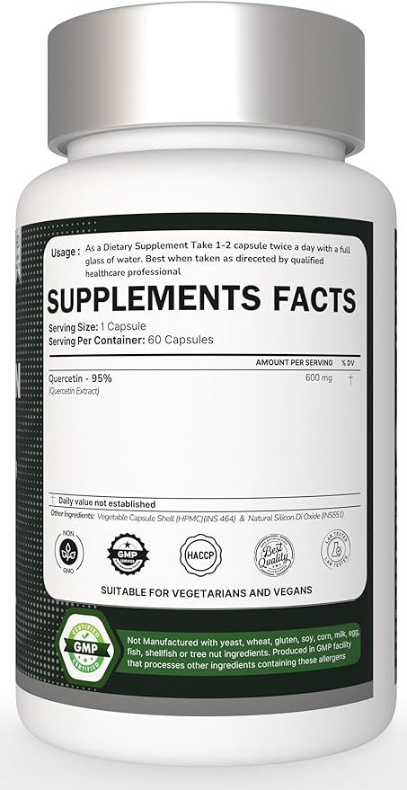 Quercetin Extract Capsules Non-GMOGluten-Free Vegetarian Supports Overall Health Strength Energy (120 Capsules)