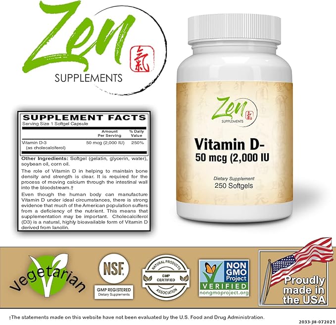 Zen Supplements - Vitamin D-3 2000 IU 250-Softgel - Supports Healthy Muscle Function Bone Health &amp Immune Support