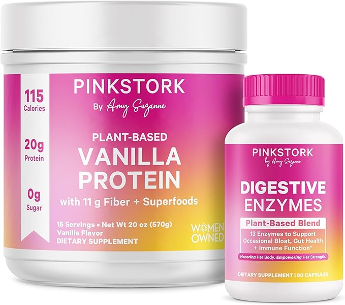Pink Stork Muscle &amp Gut Health Bundle for Women | Vanilla Plant-Based Protein Powder with Fiber &amp Superfoods &amp Digestive Enzymes | Women’s Digestion Energy &amp Metabolism Support
