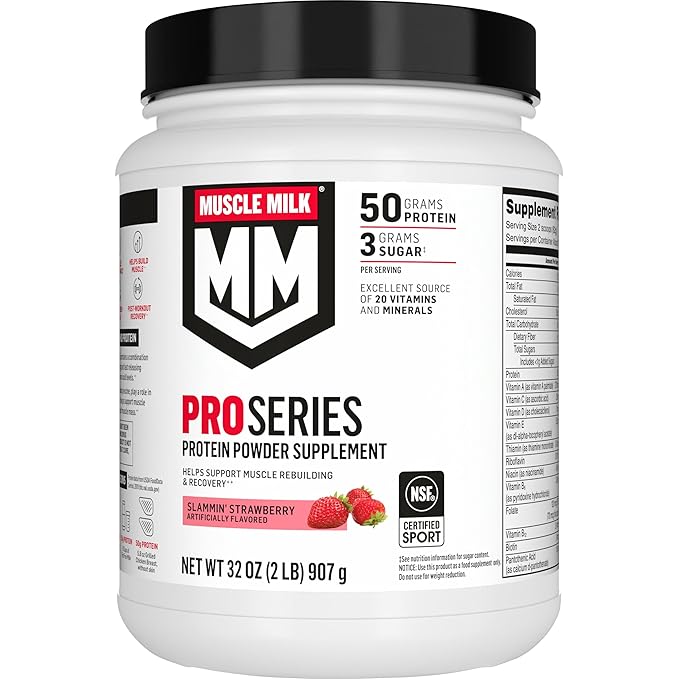 Muscle Milk Pro Series Protein Powder Supplement Slammin' Strawberry 2 Pound 11 Servings 50g Protein 3g Sugar 20 Vitamins &amp Minerals NSF Certified for Sport Packaging May Vary