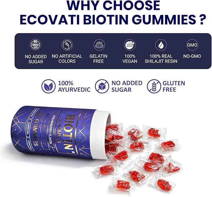 Biotin Gummies for Hair Strawberry Flavor 60 Count with Vitamin A C E Fibre and Zinc No Added Sugar 100% Vegan Gluten Free