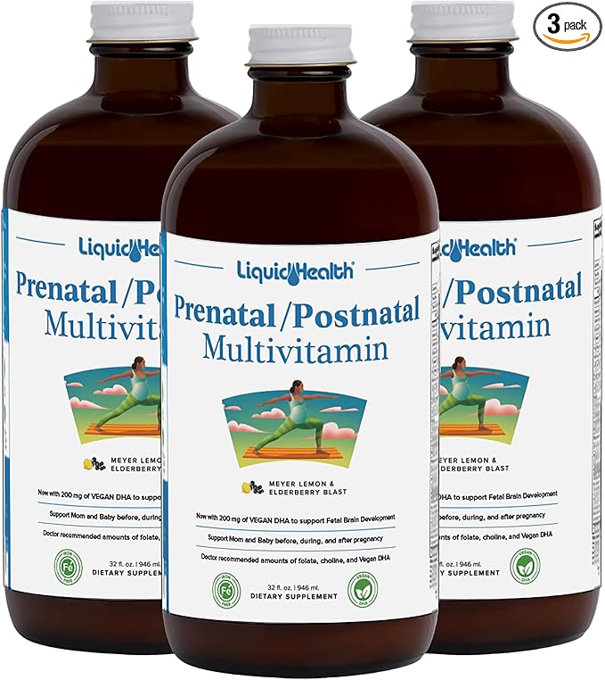 LIQUIDHEALTH Prenatal/Postnatal Multiple Liquid Women's Multivitamin with Real Folate - Pre &amp Postnatal Vitamins for Before During After Pregnancy - Made in USA Vegan Sugar-Free Non-GMO (3 Pa