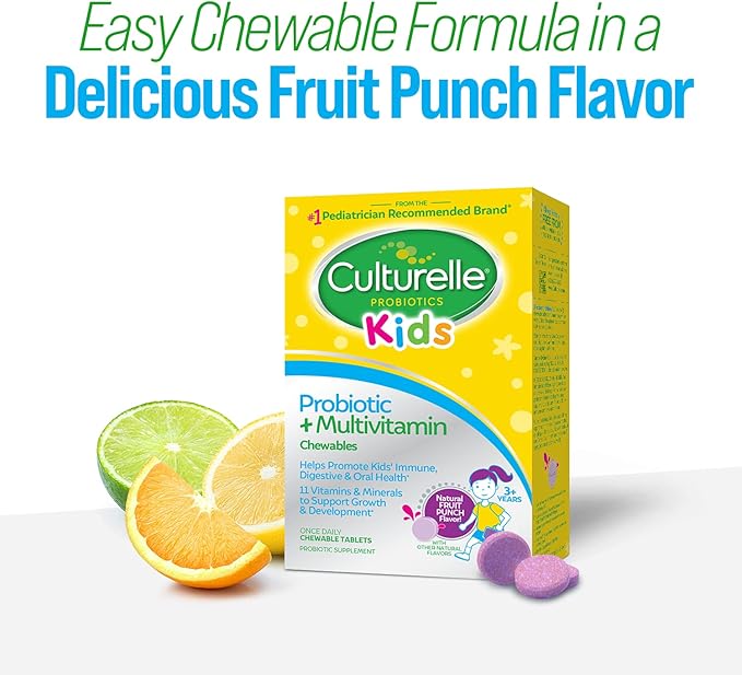 Culturelle Kids Probiotic + Complete Multivitamin Chewable For Kids Ages 3+ 30 Count Digestive Health Oral Health &amp Immune Support - With 11 Vitamins &amp Minerals including Vitamin C D3 &a