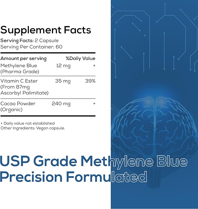 Methylene Blue Pharmaceutical Grade Capsules 2 Month Supply for Focus &amp Cognitive Support for Adults - Methylene Blue Supplements Third Party Tested and Made in USA (3)