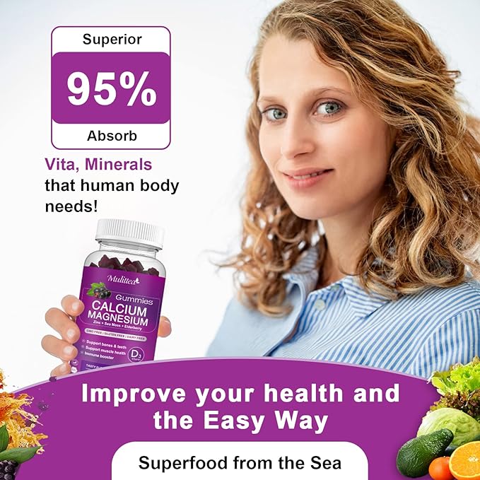 Calcium Magnesium Zinc Gummies with High Absorption Magnesium Glycinate 200mg Potassium -Plant Calcium Supplement w/ D3 &amp Sea Moss for Bone Muscles Calm Mood &amp Sleep Support- Kids &amp adu