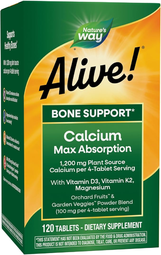 Nature’s Way Alive! Calcium Bone Support Tablets* Max Absorption Calcium Supplement with Vitamins D3 K2 &amp Magnesium Promotes Bone Health and Bone Density* Gluten Free 120 Tablets