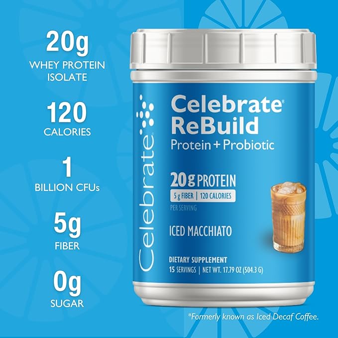 Celebrate Vitamins Rebuild Protein Powder with Probiotics &amp Prebiotics - 20g Whey Isolate Protein High Fiber for Post Bariatric Surgery Patients - Iced Macchiato (15 Servings)