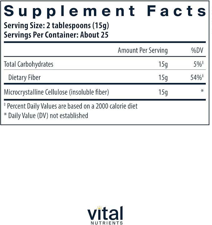 Vital Nutrients Cellulose Fiber Powder - 375g Cellulose Insoluble Fiber Powder - Fiber Supplement Powder Supports Healthy Bowel Function - Gluten Dairy Soy Free - Non-GMO - 60 Capsules