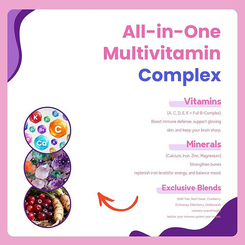 All-in-One Women's Multivitamin Gummies with Complete Vitamin &amp Mineral Complex Herbal Blends for Energy Overall Health High Potency Hair Skin and Nails Vitamins Strawberry Flavor 2 Pack