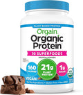 Orgain Organic Vegan Protein + 50 Superfoods Powder Creamy Chocolate Fudge - 21g Plant Based Protein 9g Prebiotic Fiber No Lactose Gluten Free No Added Sugar 2.02 lb (Packaging May Vary)